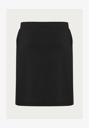 Zwarte rok van een soepele, lichte stof. Heeft een aansluitende tailleband, rechte snit en zijzakken voor extra functionaliteit.