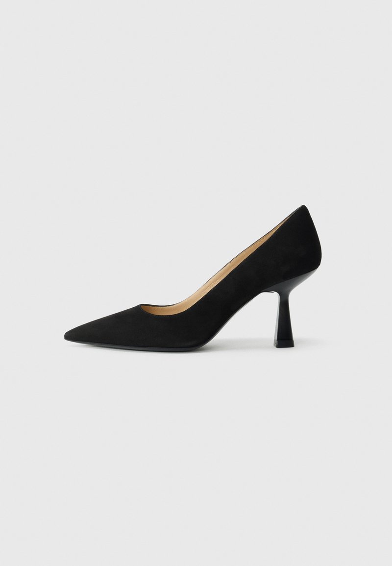 Black suede high-heeled pump with a pointed toe, featuring a glossy black block heel and a smooth interior lining.