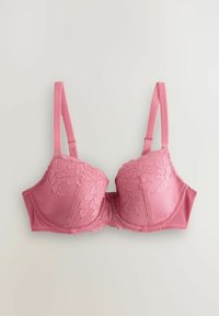 Roosa rinnahoidja pitsilise detaili ja sileda kangaga. Sõrgdetailiga disain, reguleeritavate rihmade ja tagumise konksude ja silmade kinnitusega.