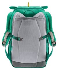 Mochila verde com um costas em malha acolchoada, alças de ombro cinzas ajustáveis e uma alça superior. Inclui um laço de destaque amarelo e detalhes de zíper.
