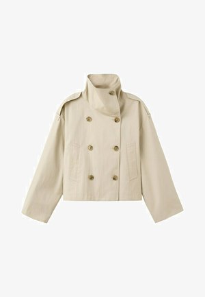 Beige cropped double-breasted jacket with stand-up collar, buttoned epaulets, long wide sleeves, and two front pockets.