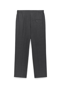 Donkergrijze rechte broek met elastische tailleband en één knopenzak aan de achterkant, weergegeven tegen een witte achtergrond.