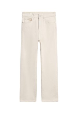 Straight-leg beige jeans with front button, zipper, belt loops, and five-pocket design on a white background.