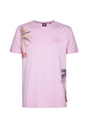 Różowy t-shirt z krótkim rękawem wykonany z bawełny, z grafiką palmy i gitary na przedzie oraz logo na piersi.