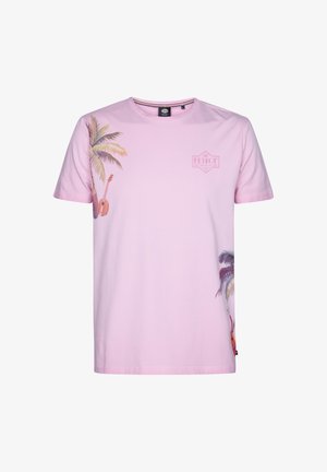 Kurzärmeliges pinkfarbenes T-Shirt aus Baumwolle mit Palmen- und Gitarrengrafiken auf der Vorderseite sowie einem Logo auf der Brust.