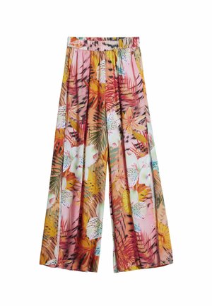 Pantaloni largi cu talie elastică, cu imprimeu floral și frunze tropicale colorate în roz, portocaliu, galben, verde și alb.