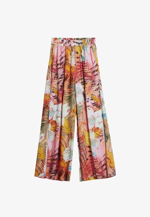 Széles szárú nadrág rugalmas derékrésszel, színes trópusi virág- és levélmintával rózsaszín, narancssárga, sárga, zöld és fehér színekben.