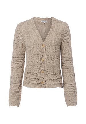 Cardigan beige en maille crochet avec col en V, manches longues, bords festonnés, motifs complexes et quatre boutons en bois sur le devant.