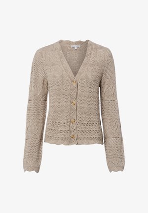 Beige gehaakte gebreide cardigan met V-hals, lange mouwen, gegolfde randen, ingewikkelde patronen en vier houten knopen aan de voorkant.