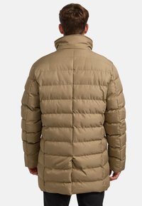 Khakifarbene Daunenjacke mit hohem Kragen. Verfügt über gesteppte Abschnitte, eine glatte Textur und einen mittellangen Schnitt. Die Rückansicht zeigt ein schlichtes Design.