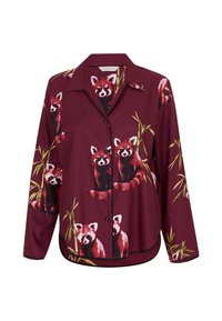 Rode maroon shirt met een kraag, voorzien van een patroon van geïllustreerde rode panda's en bamboe, gemaakt van lichte stof met een ontspannen pasvorm.