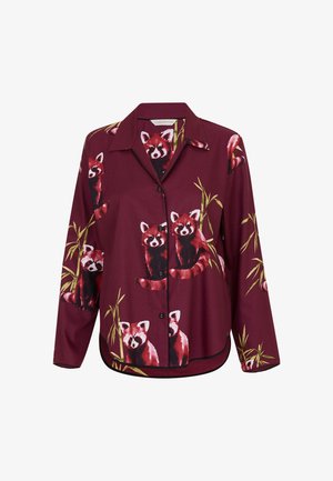 Rode maroon shirt met een kraag, voorzien van een patroon van geïllustreerde rode panda's en bamboe, gemaakt van lichte stof met een ontspannen pasvorm.