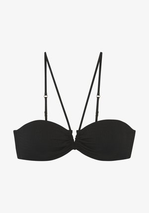 Must mustriba mustriibi tekstuuriga must bikiinitop, bandeau-kujuga, reguleeritavad õhukesed rihmad ja kogutud keskosa detail. Lihtne ja ere disain.