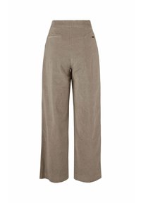 Brede broekspijpen in een lichtbruine corduroy stof, met een hoge taille, achterzakken en een gestructureerd ribbelpatroon.