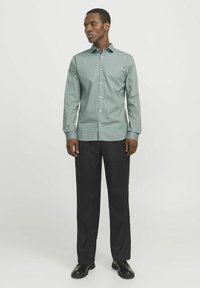 Camicia verde chiaro con bottoni, caratterizzata da un motivo testurizzato, abbinata a pantaloni neri e scarpe nere. Presenta maniche lunghe e colletto a punta.