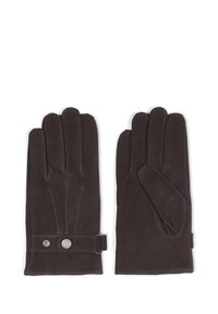 Brune skinnhansker med en glatt tekstur, fem-fingers design, en stropp ved håndleddet med en knappdetalj, og subtile sømdenser.