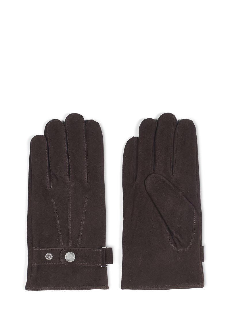 Brune skinnhansker med en glatt tekstur, fem-fingers design, en stropp ved håndleddet med en knappdetalj, og subtile sømdenser.