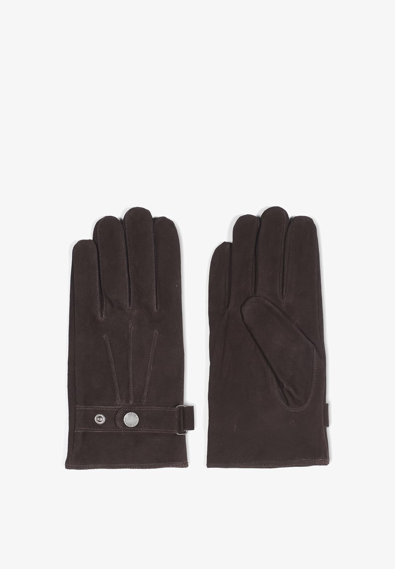 Brune skinnhansker med en glatt tekstur, fem-fingers design, en stropp ved håndleddet med en knappdetalj, og subtile sømdenser.