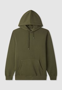 Felpa verde oliva con tasca frontale, cappuccio con cordino, maniche lunghe e polsini a costine. Tessuto morbido con dettagli di cucitura minimi.