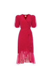 Rotes Wickelkleid mit weißen Punkten, Puffärmeln, V-Ausschnitt, Bindegürtel und asymmetrischem Volantsaum.