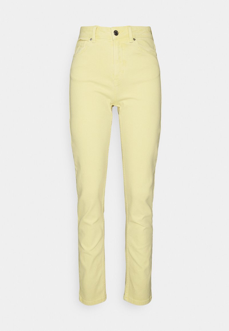 Calças de ganga amarelas com um corte slim, cintura alta, fecho frontal por botão e design de cinco bolsos. Textura suave e corte de perna reta.