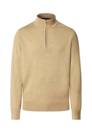 Suéter de punto de manga larga color beige claro con cuello alto de media cremallera y puños y dobladillo acanalados, mostrado sobre un fondo blanco.