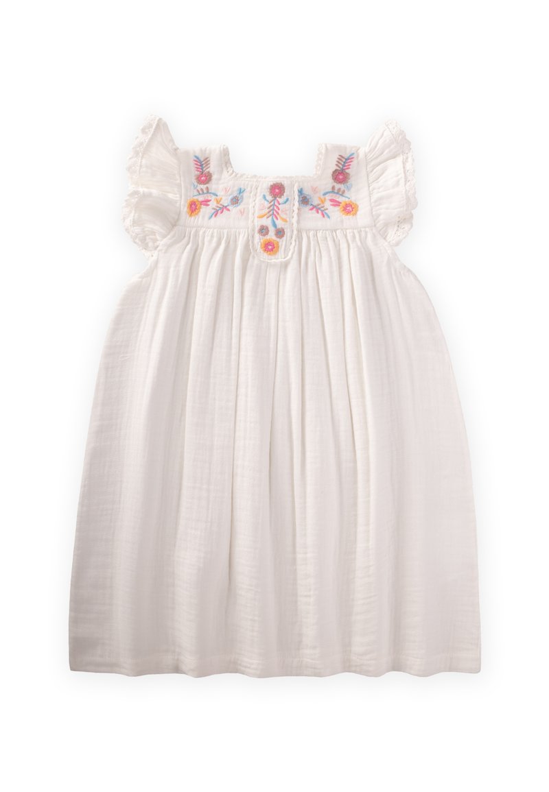 Weißes Baumwollkleid mit kurzen Rüschenärmeln, besticktem Blumendesign in Rosa und Blau sowie eingekräuselten Falten unter einem runden Ausschnitt.