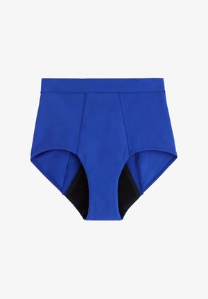 Højtaljede blå trusser lavet af strækbart stof med sorte sidelapper. Glat tekstur, ingen synlige lukninger og forstærkede sømme.