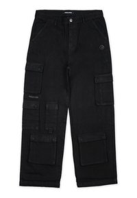 Black cargo pants with multiple pockets, button closure, and a patch logo. Features a straight leg design and smooth fabric texture.