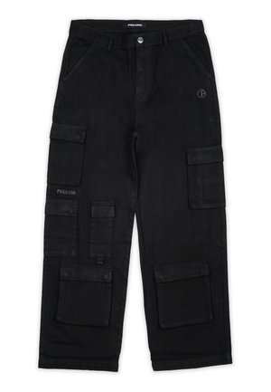 Black cargo pants with multiple pockets, button closure, and a patch logo. Features a straight leg design and smooth fabric texture.