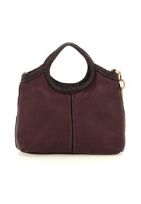Piccola borsa a tracolla in pelle color bordeaux scuro con manici arrotondati, cuciture in contrasto e zip dorata su uno sfondo bianco.
