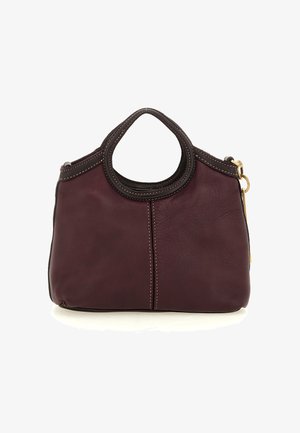 Piccola borsa a tracolla in pelle color bordeaux scuro con manici arrotondati, cuciture in contrasto e zip dorata su uno sfondo bianco.