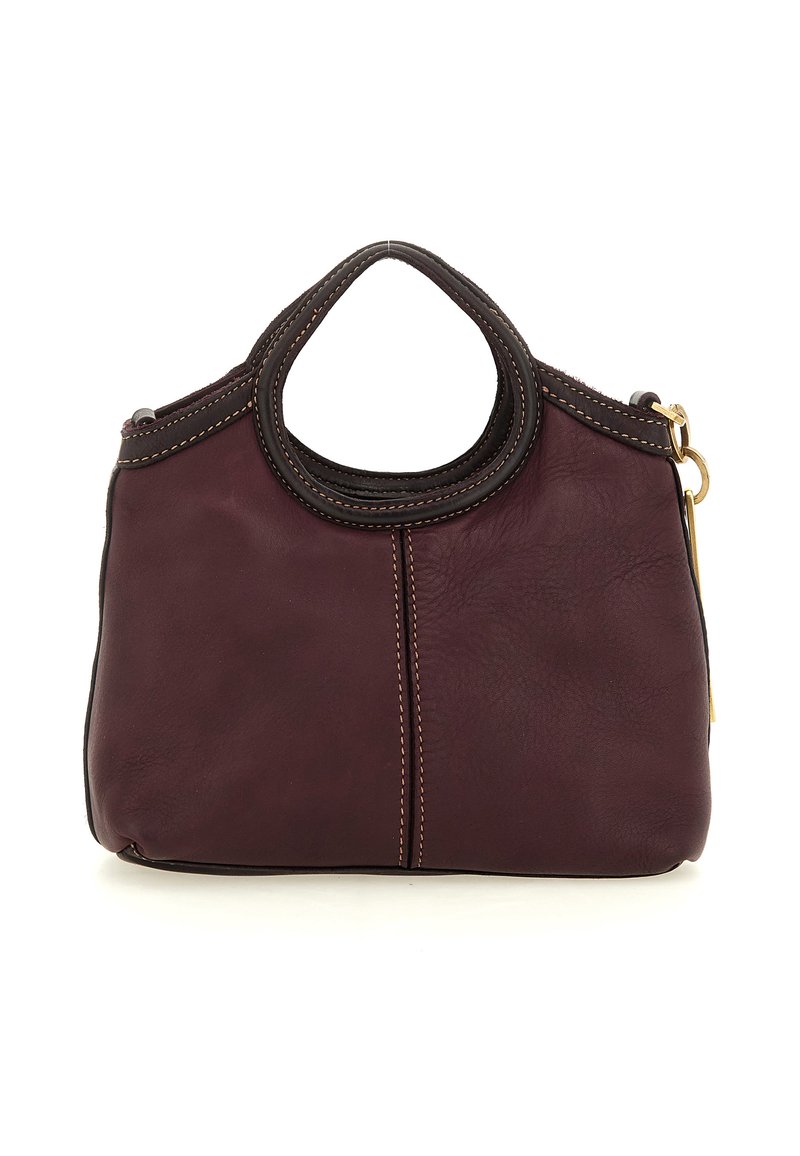 Piccola borsa a tracolla in pelle color bordeaux scuro con manici arrotondati, cuciture in contrasto e zip dorata su uno sfondo bianco.