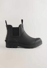 Schwarzer Gummistiefel mit elastischen Seitenteilen, Zuglaschen, strukturiertem Material und einer dicken, profilierten Sohle für besseren Halt.