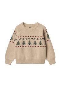 Gebreide trui in beige met een ronde hals. Voorzien van groene dennenboom- en rode hartmotieven over de borst. Geribbelde manchetten en zoom.
