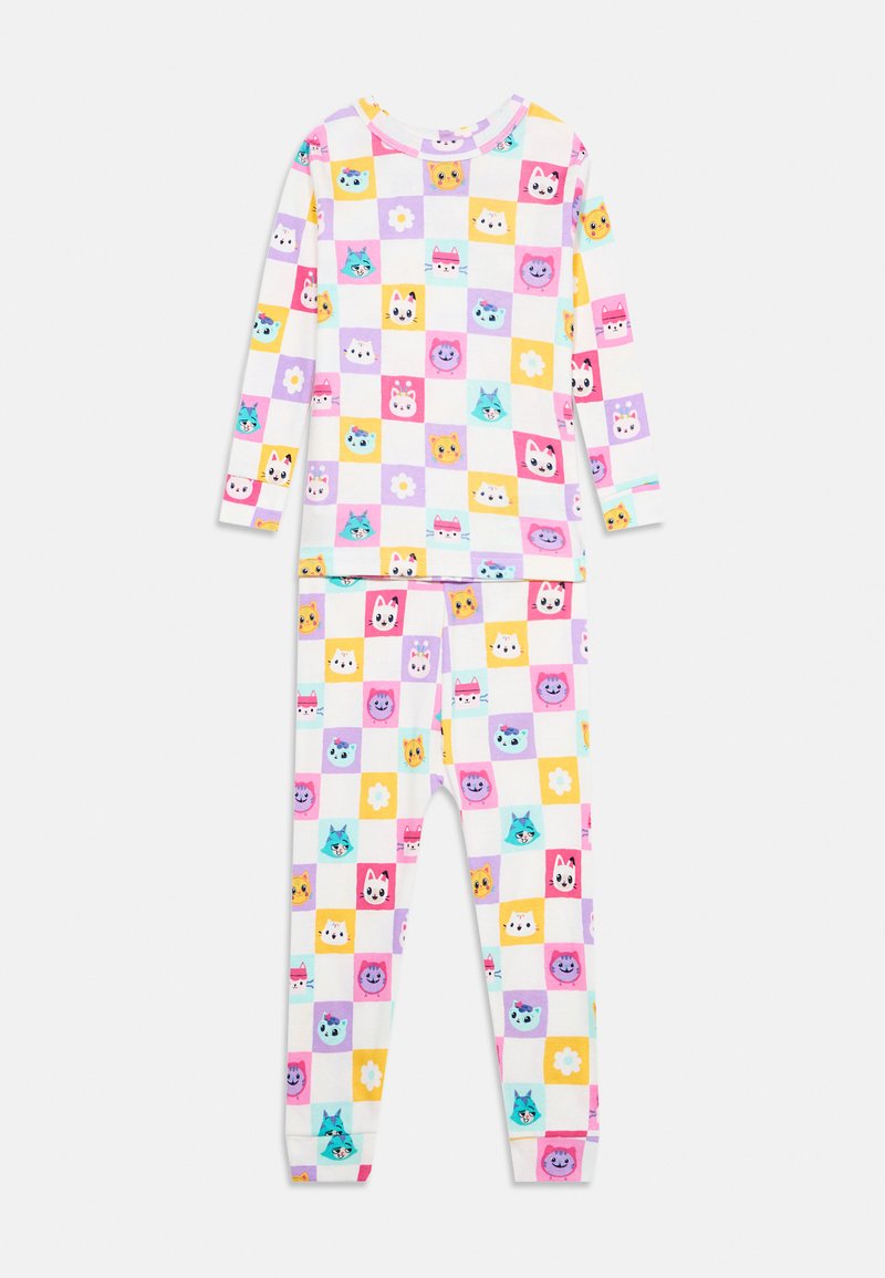 Pyjama enfant avec haut à manches longues et pantalon, motif à carreaux pastel violet, jaune, rose et blanc, avec différents petits visages d’animaux de dessins animés.