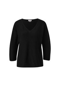 Schwarzer Strickpullover mit V-Ausschnitt, drei Viertelärmel und lässiger Passform. Die Textur ist weich mit einem glatten Finish. Keine Muster oder Akzente.