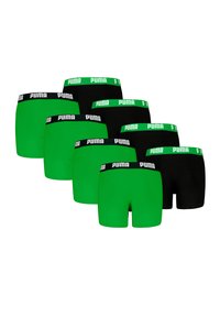 Grüne und schwarze Boxershorts im Siebenerpack, mit elastischen Taillengummis und "PUMA"-Branding. Glattes Material, normale Passform.