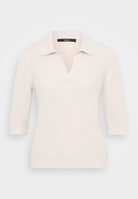 Pull en tricot couleur crème avec un col, des manches courtes et une texture côtelée. Un motif subtil lui confère une apparence douce.