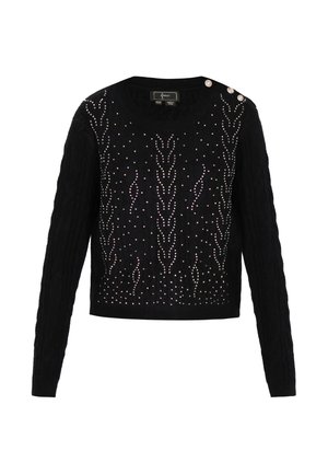 Pullover nero lavorato a maglia con design a treccia testurizzato, decorato con strass multicolori e tre dettagli con bottoni sulla spalla.