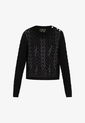 Suéter negro de punto con diseño de trenzas texturizadas, adornado con piedras de colores y tres botones en el hombro.