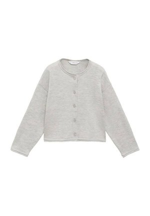 Graue, kurz geschnittene Strickjacke mit rundem Ausschnitt, langen Ärmeln, Knopfleiste und einem weichen, strukturierten Stoff.