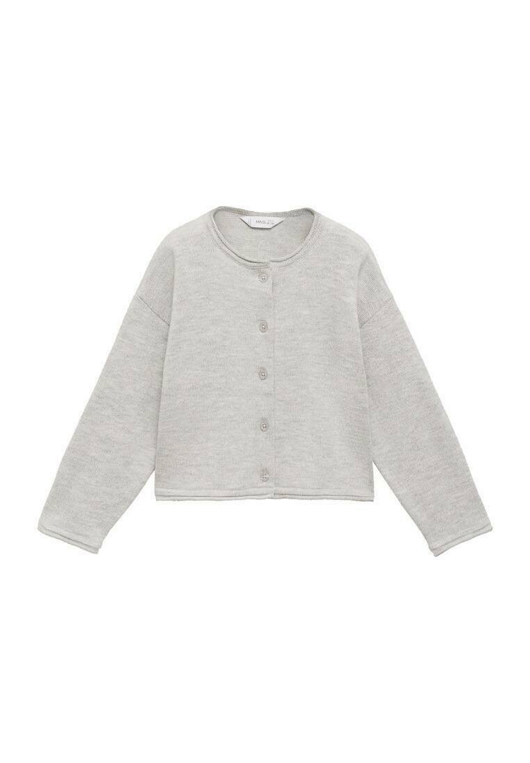 Šedý zkrácený kardigan s kulatým výstřihem, dlouhými rukávy, zapínáním na knoflíky a měkkou texturovanou tkaninou.