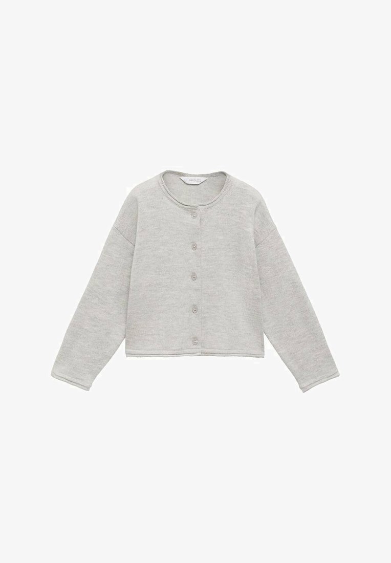 Šedý zkrácený kardigan s kulatým výstřihem, dlouhými rukávy, zapínáním na knoflíky a měkkou texturovanou tkaninou.