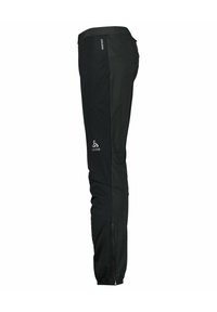 Schwarze Softshell-Hosen mit Slim-Fit, ausgestattet mit einer Reißverschlusstasche an der Seite, elastischem Bund und winddichtem Material für den Einsatz im Freien.
