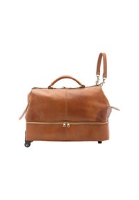 Borsa da viaggio in pelle marrone con scomparto con zip, maniglia laterale e tracolla staccabile. Presenta una texture liscia e dettagli in hardware dorato.
