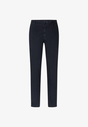 Marineblauwe broeken met een rechte pasvorm, gemaakt van een katoenmix. Voorzien van een knoopsluiting, zijzakken en een gladde textuur.