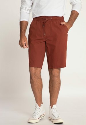 Shorts en brique rouge pour homme avec une taille élastique, un cordon de serrage, des poches latérales et un tissu mélangé en coton doux. Portés avec des baskets montantes blanches.