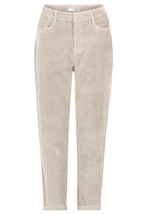 Lichtbeige corduroybroek met voorzakken, knoopsluiting, riemlussen en omgeslagen pijpen, gemarkeerd als maat medium.