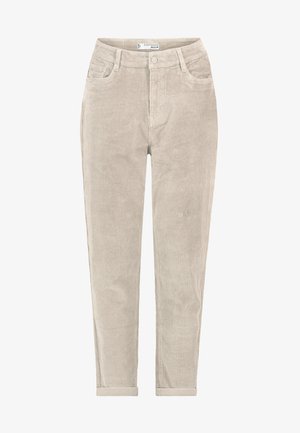 Helle beige Corduroyhose mit Fronttaschen, Knopfverschluss, Gürtelschlaufen und umgeschlagenen Säumen, in Größe M gekennzeichnet.